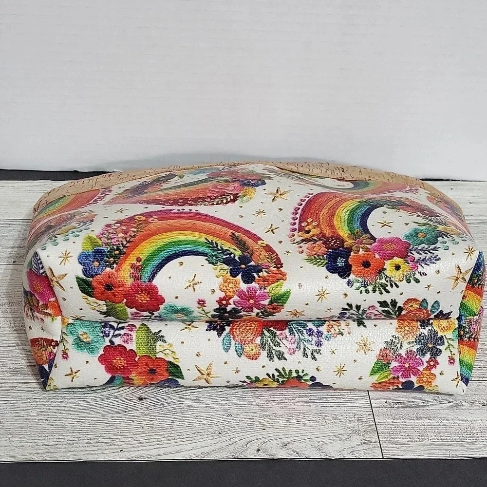 Bright Rainbow Floral Zipper Pouch Like New Handbag Cork‎ look in top Colorful